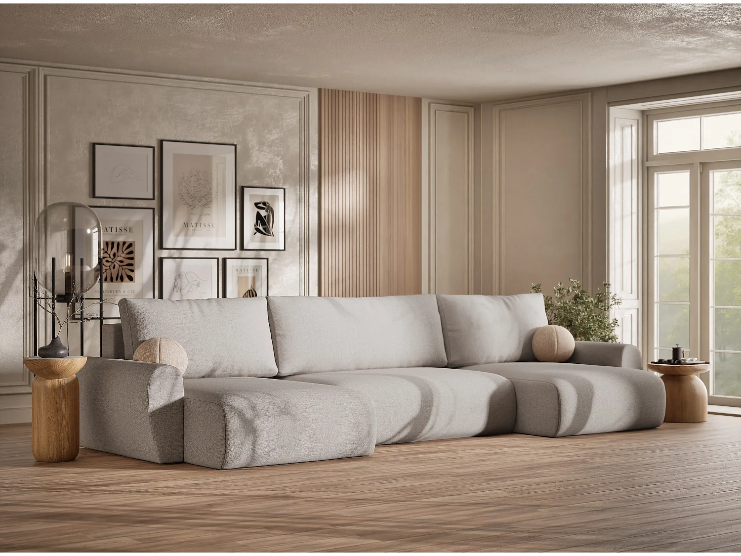 Sofa panoramiczna z funkcją spania Numba w tkaninie plecionej - sześcioosobowa - jasnobeżowy