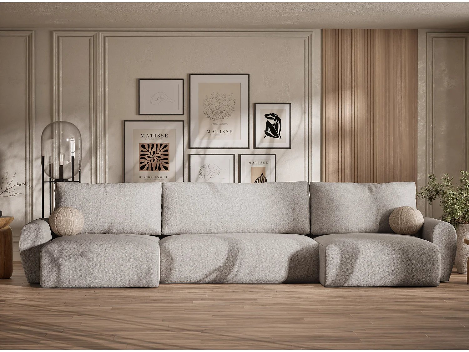 Sofa panoramiczna z funkcją spania Numba w tkaninie plecionej - sześcioosobowa - jasnobeżowy