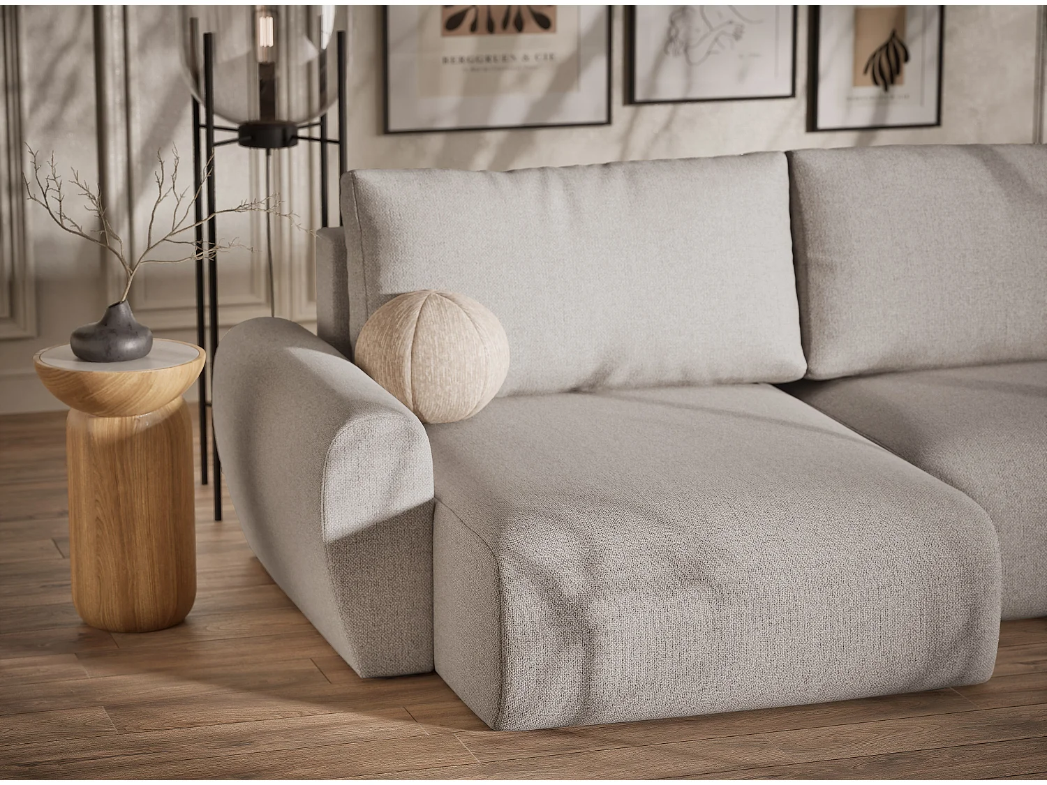 Sofa panoramiczna z funkcją spania Numba w tkaninie plecionej - sześcioosobowa - jasnobeżowy