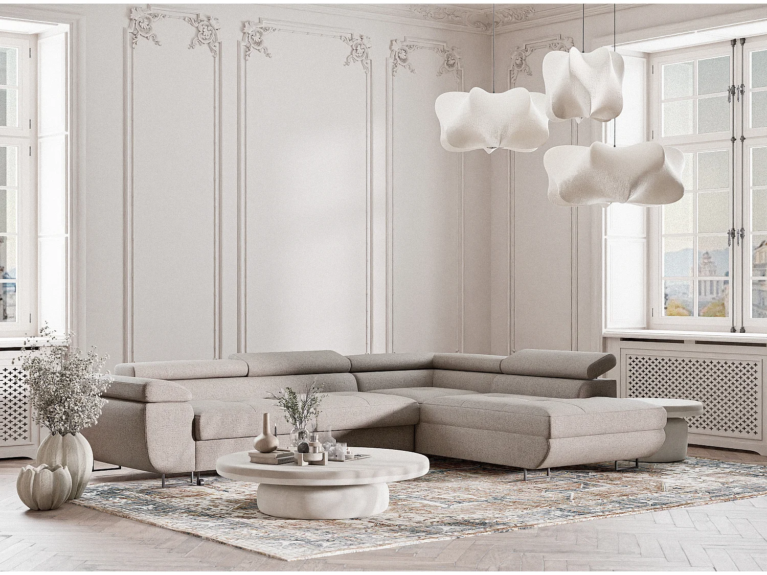 Canapé d'angle convertible Concord im tissu tresse - 5 places - beige