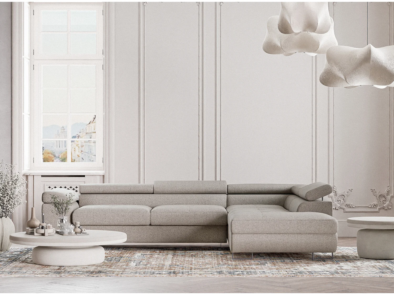 Canapé d'angle convertible Concord im tissu tresse - 5 places - beige