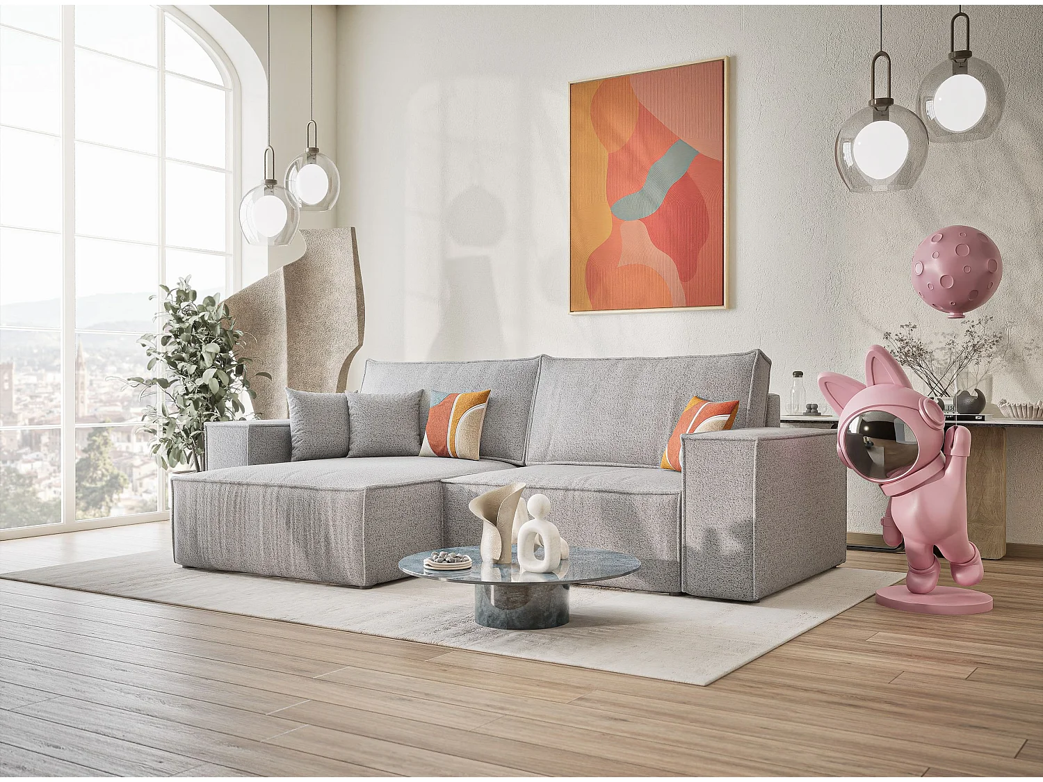 Ecksofa mit Schlaffunktion Zaya aus Webstoff - Drei-Personen - hellgrau