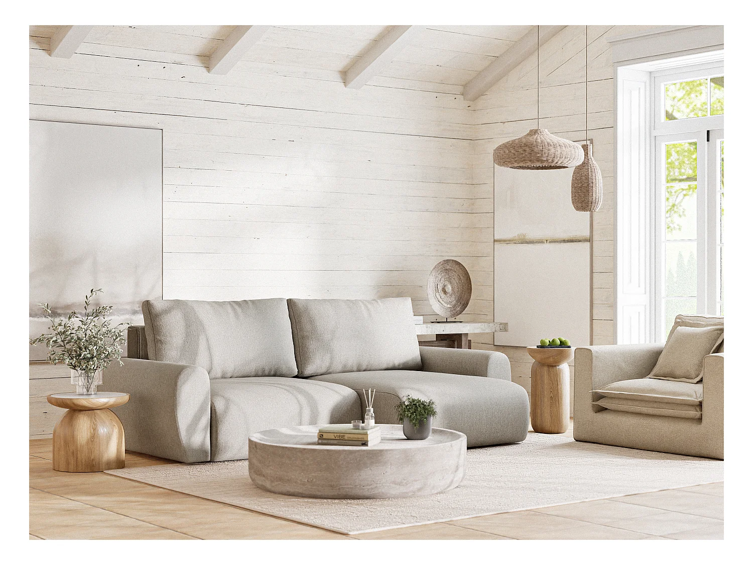 Canapé d'angle convertible Numba im tissu tresse - 3 places - beige