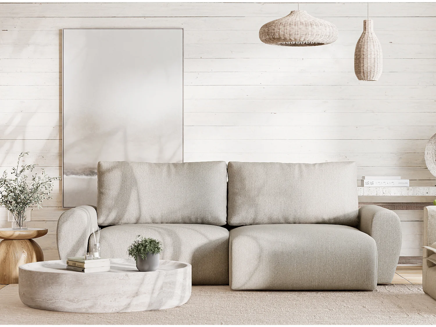 Ecksofa mit Schlaffunktion Numba aus Webstoff - Drei-Personen - beige