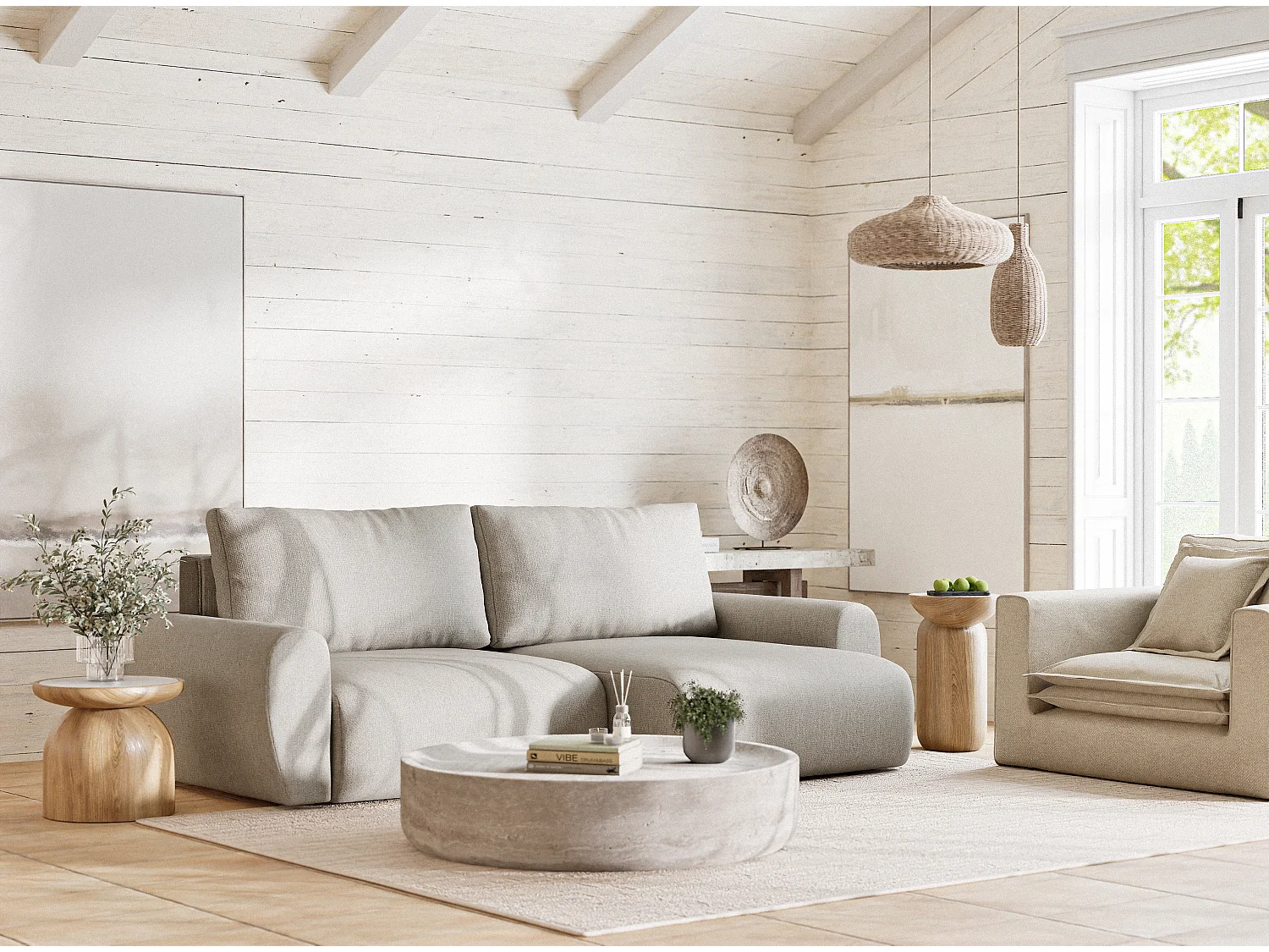 Ecksofa mit Schlaffunktion Numba aus Webstoff - Drei-Personen - beige