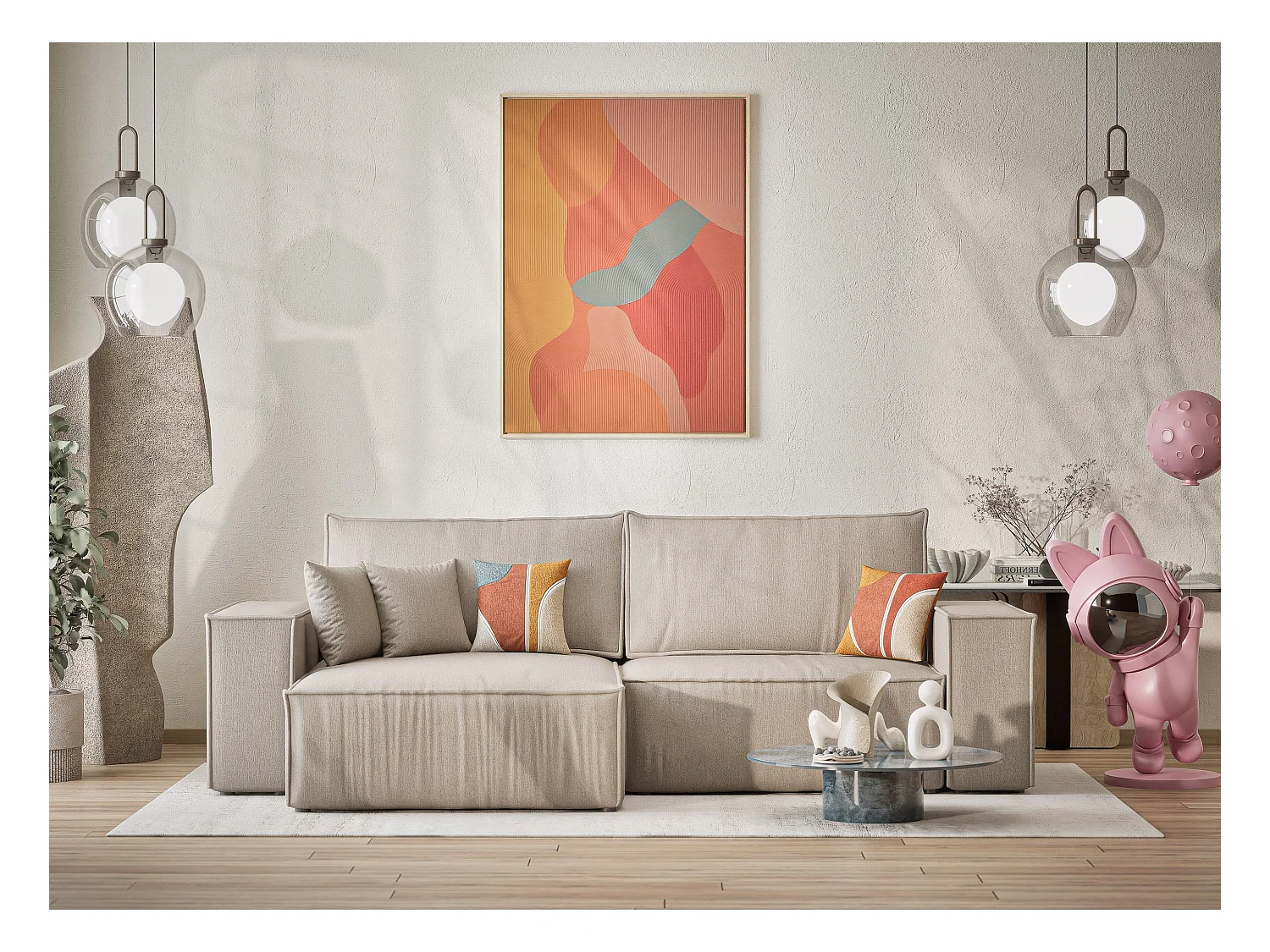 Canapé d'angle convertible Zaya im tissu tresse - 3 places - beige