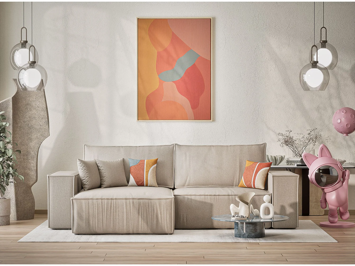 Ecksofa mit Schlaffunktion Zaya aus Webstoff - Drei-Personen - beige