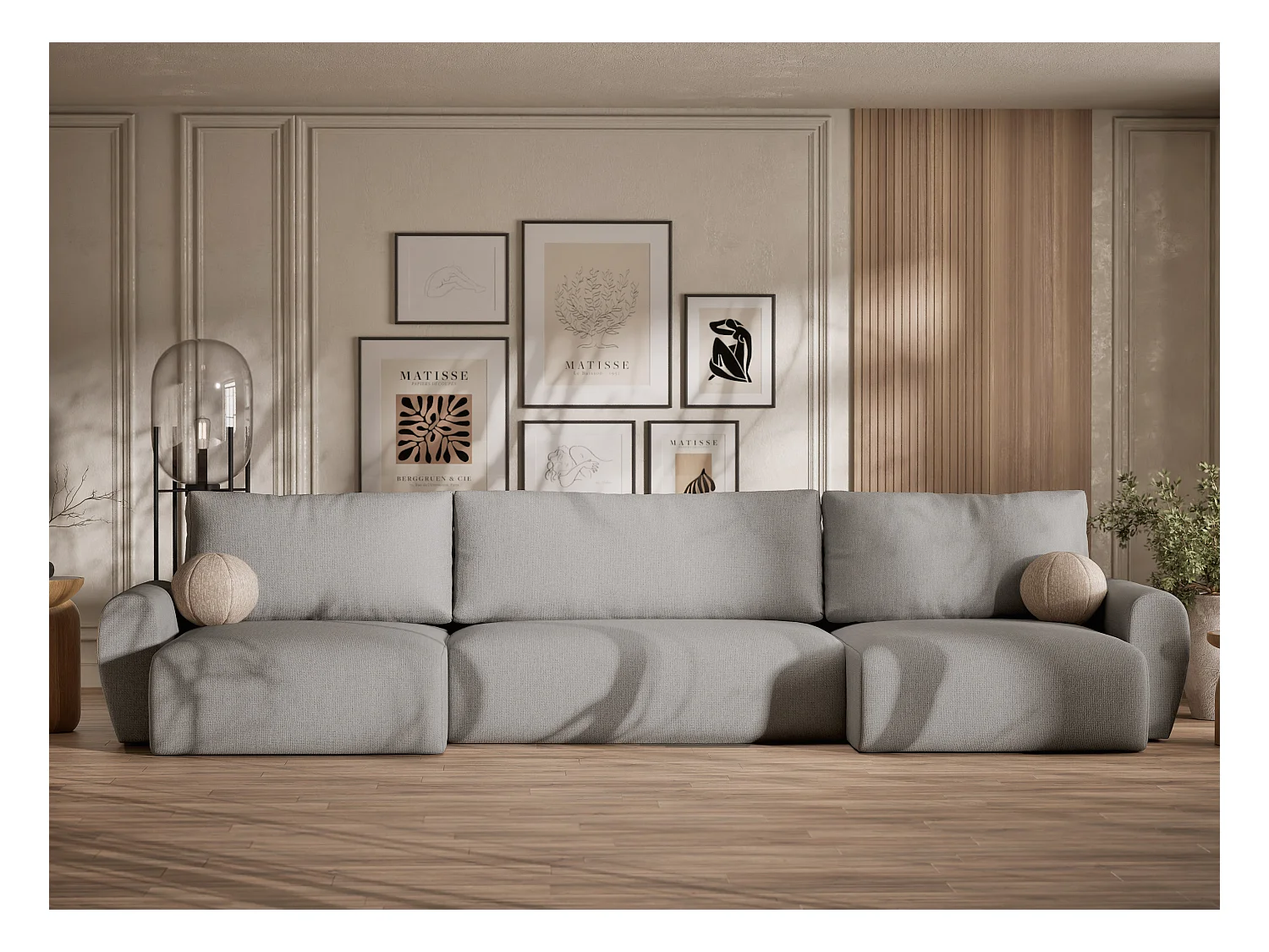 Panoramasofa mit Schlaffunktion Numba aus Webstoff - Sechs-Personen - hellgrau