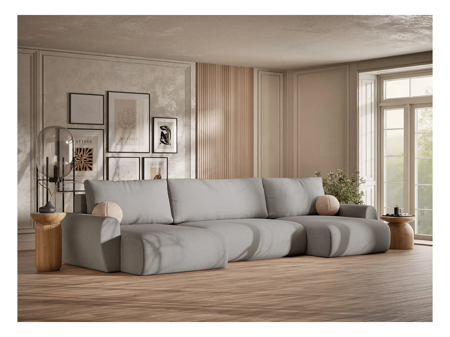Sofa panoramiczna z funkcją spania Numba w tkaninie plecionej - sześcioosobowa - jasnoszary