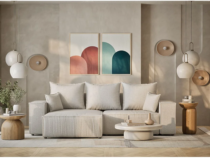 Ecksofa mit Schlaffunktion Moyo aus Webstoff - Drei-Personen - creme