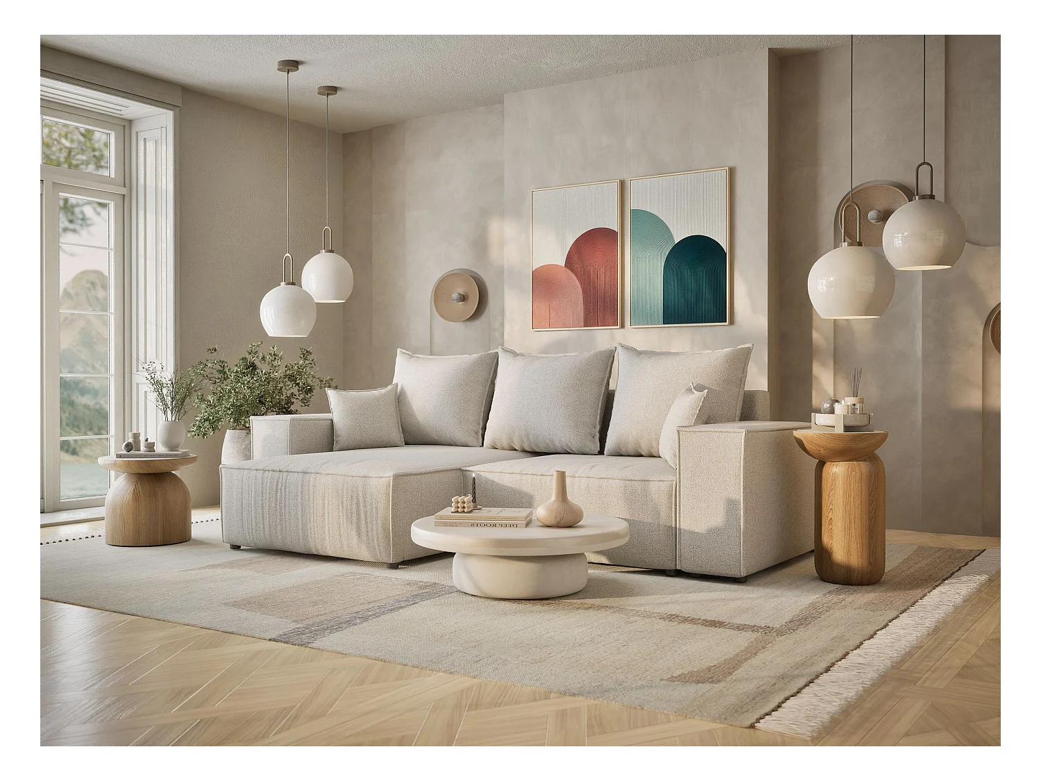 Canapé d'angle convertible Moyo im tissu tresse - 3 places - creme