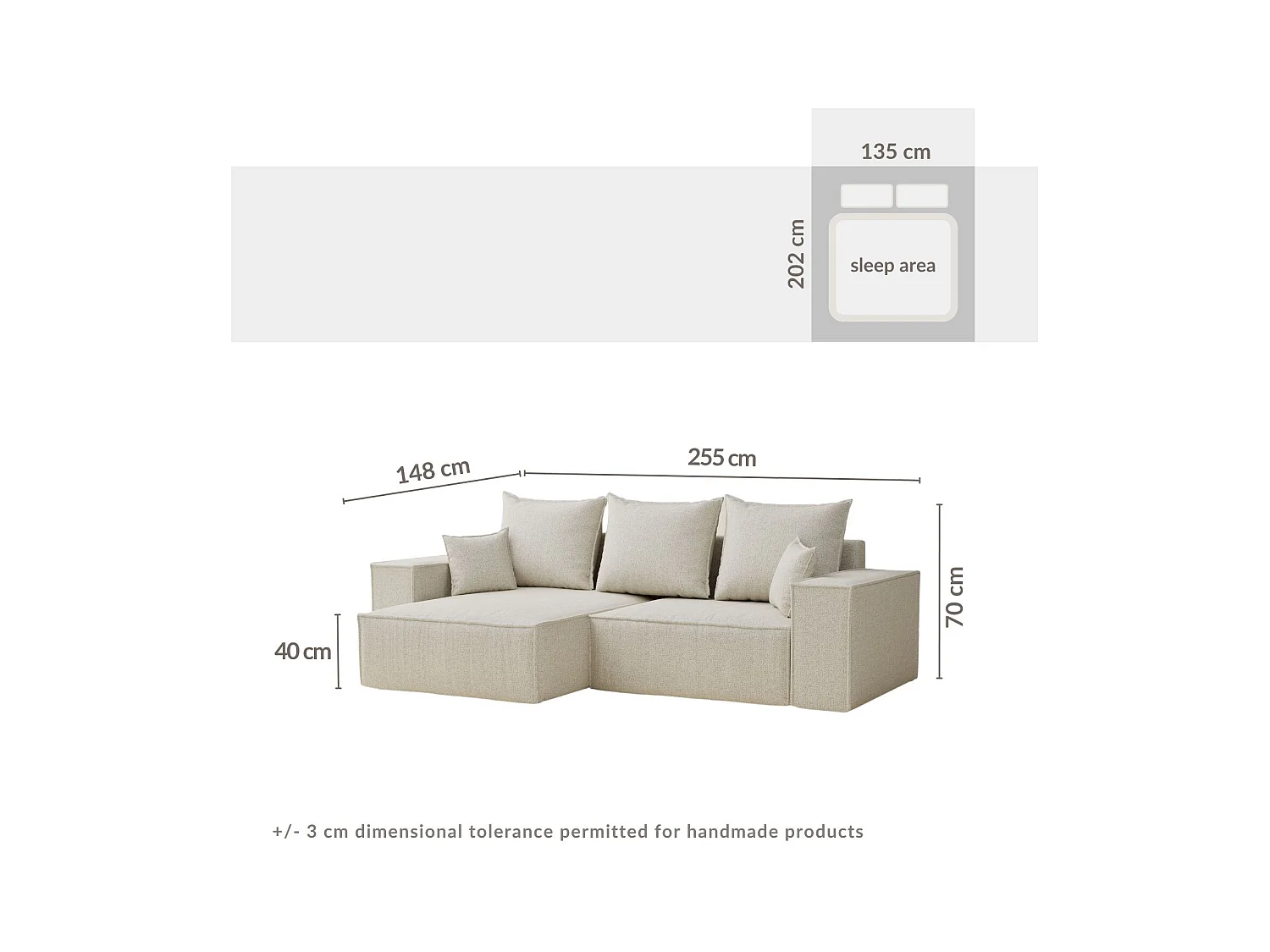 Canapé d'angle convertible Moyo im tissu tresse - 3 places - creme