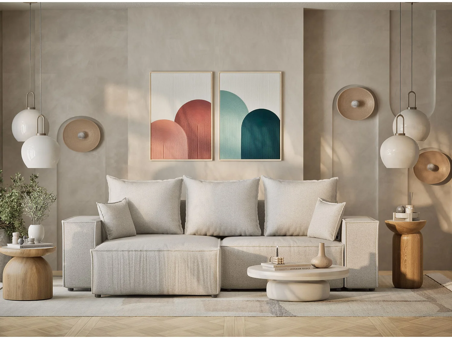 Canapé d'angle convertible Moyo im tissu tresse - 3 places - creme