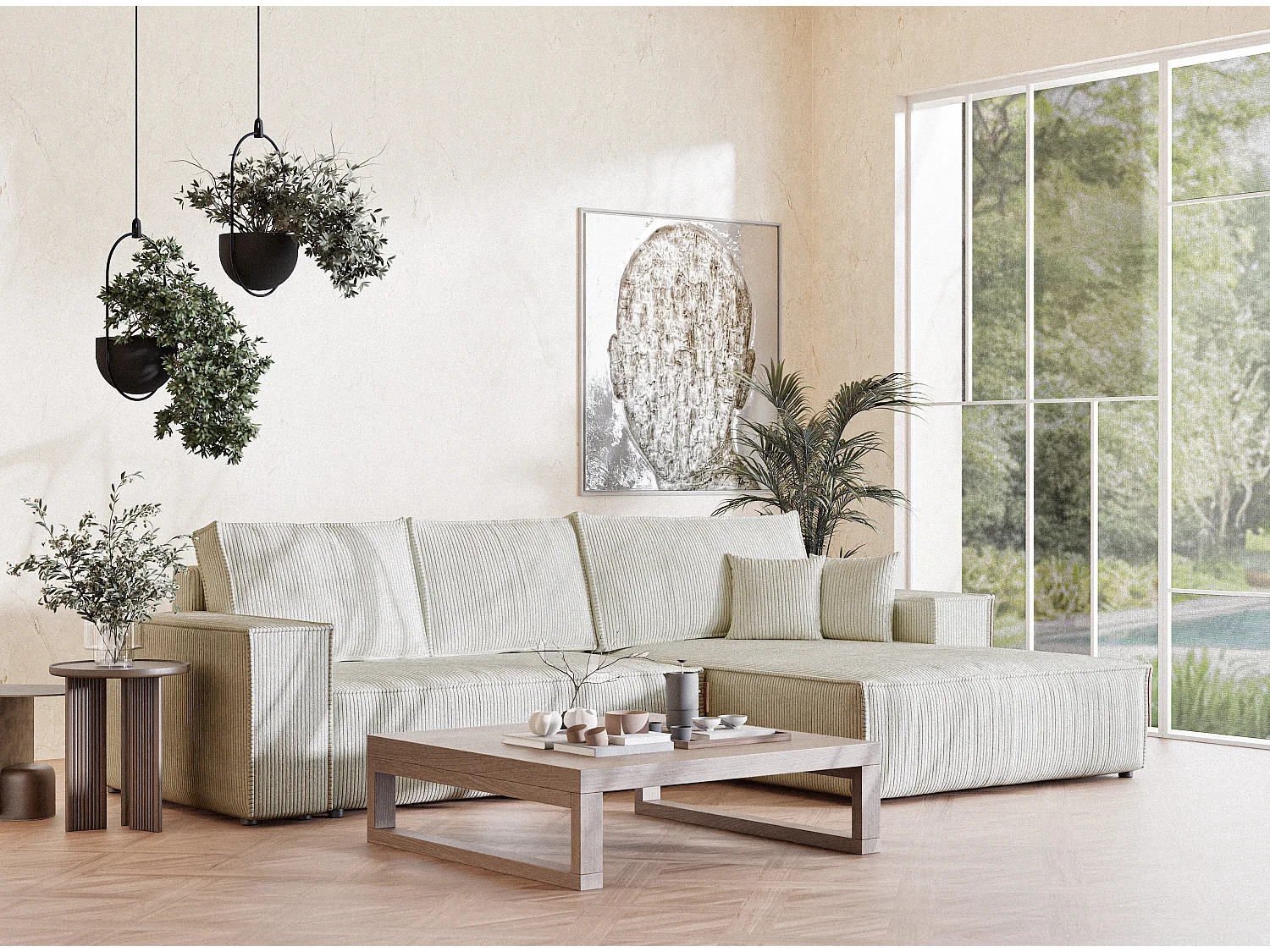 Canapé d'angle convertible Maze im tissu tresse - 5 places - creme