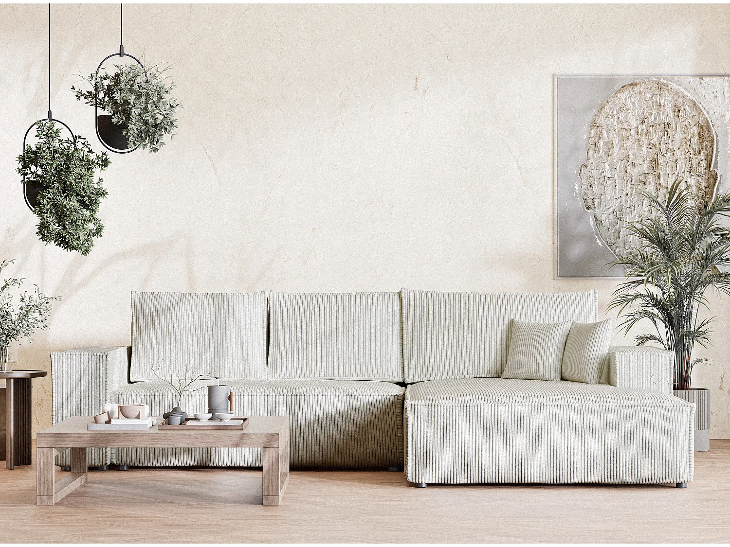 Canapé d'angle convertible Maze im tissu tresse - 5 places - creme