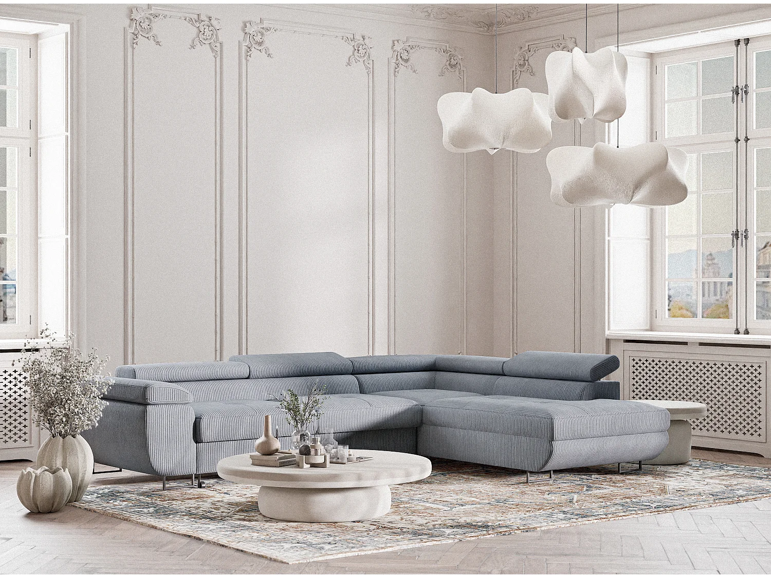 Canapé d'angle convertible Concord im tissu de velours - 5 places - gris clair