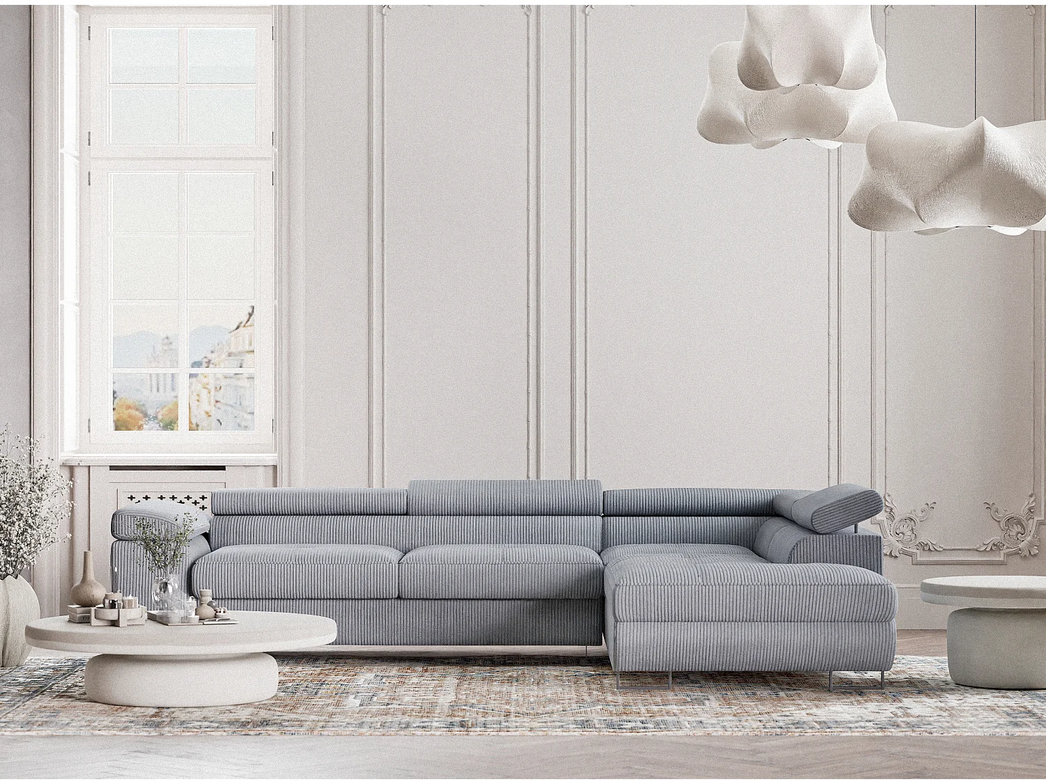 Canapé d'angle convertible Concord im tissu de velours - 5 places - gris clair