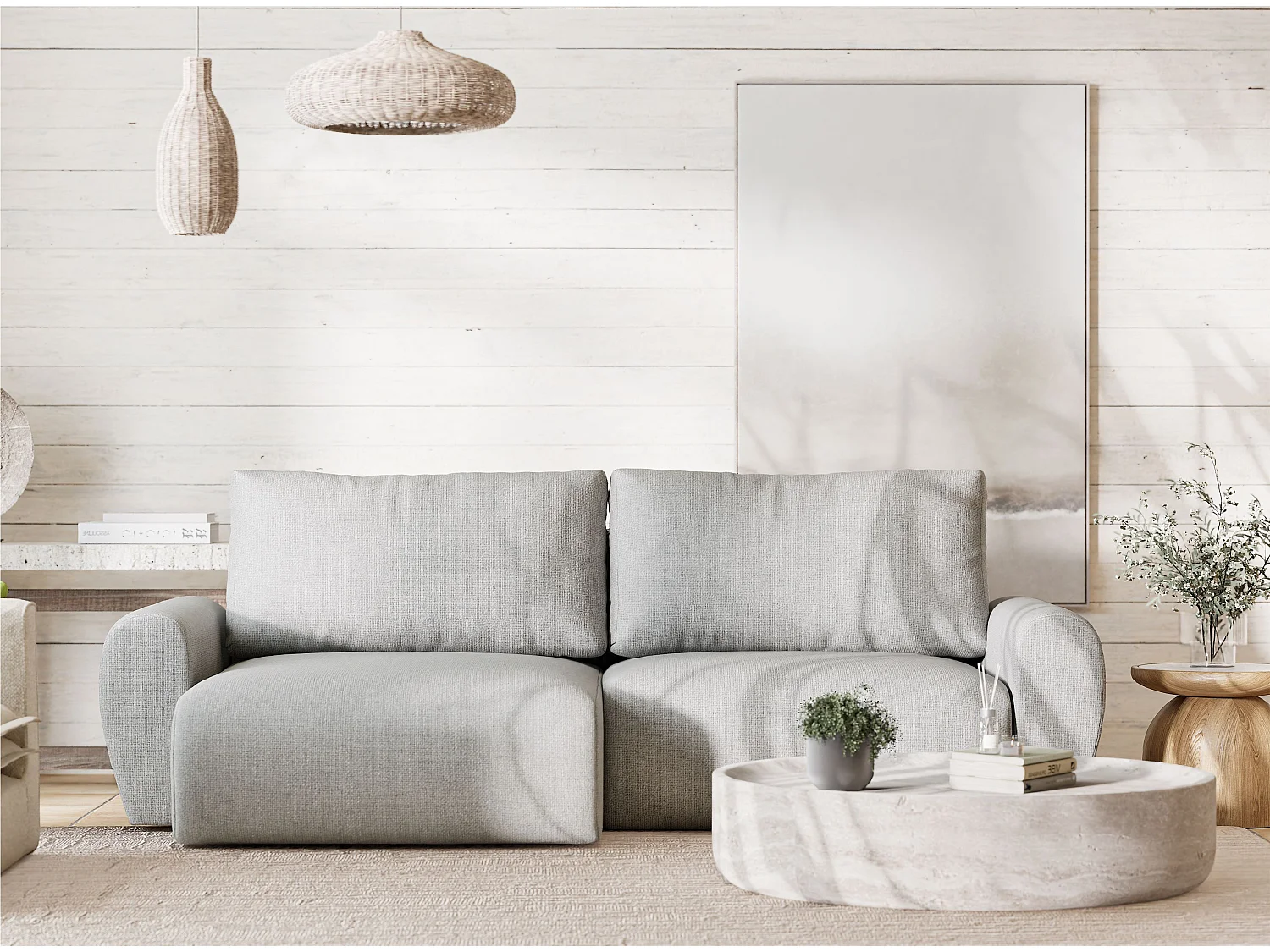 Canapé d'angle convertible Numba im tissu tresse - 3 places - gris clair