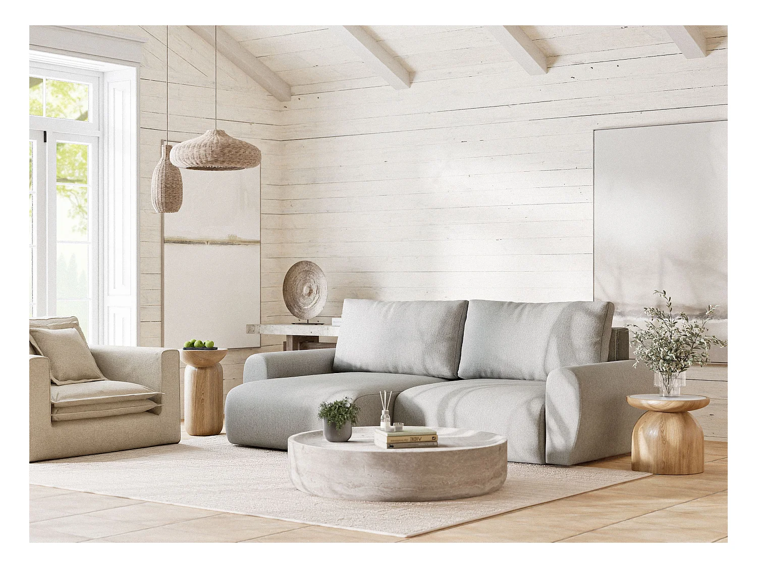 Ecksofa mit Schlaffunktion Numba aus Webstoff - Drei-Personen - hellgrau