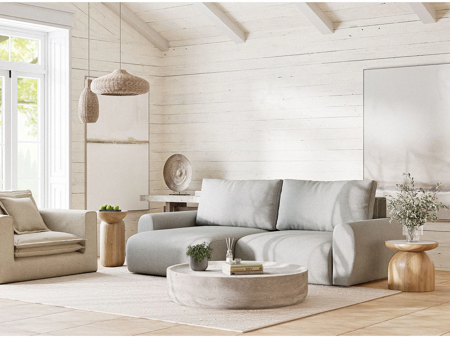 Ecksofa mit Schlaffunktion Numba aus Webstoff - Drei-Personen - hellgrau