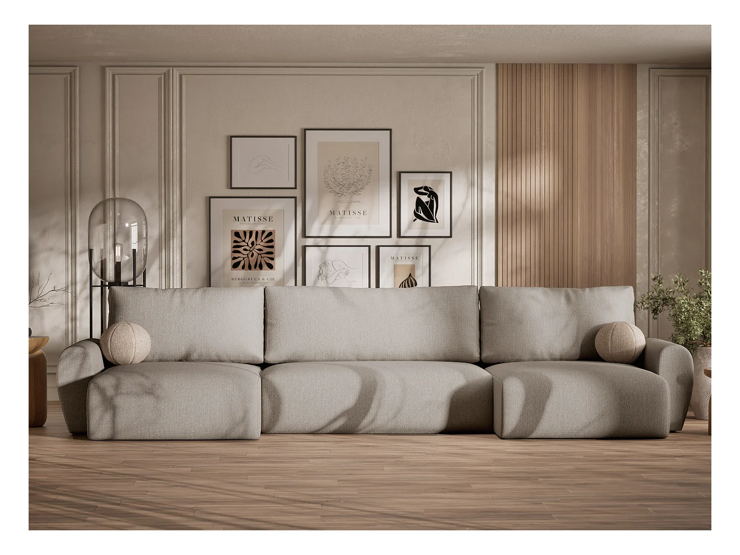 Panoramasofa mit Schlaffunktion Numba aus Webstoff - Sechs-Personen - beige