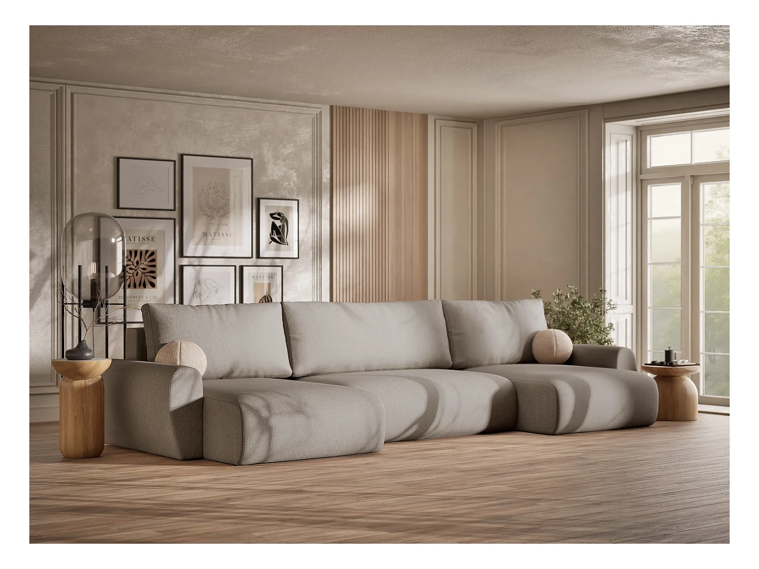 Sofa panoramiczna z funkcją spania Numba w tkaninie plecionej - sześcioosobowa - beżowy
