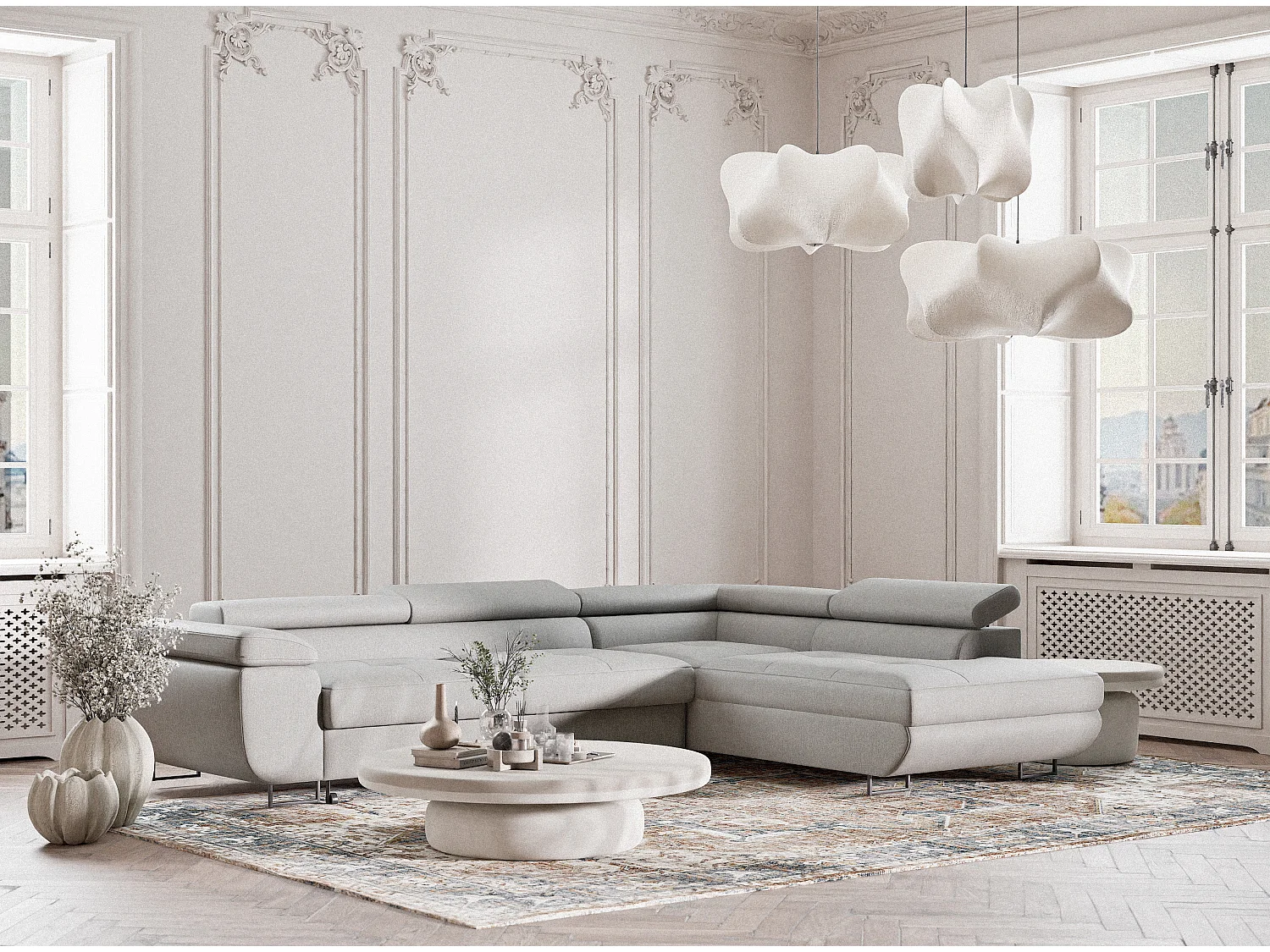 Canapé d'angle convertible Concord im tissu tresse - 5 places - gris clair