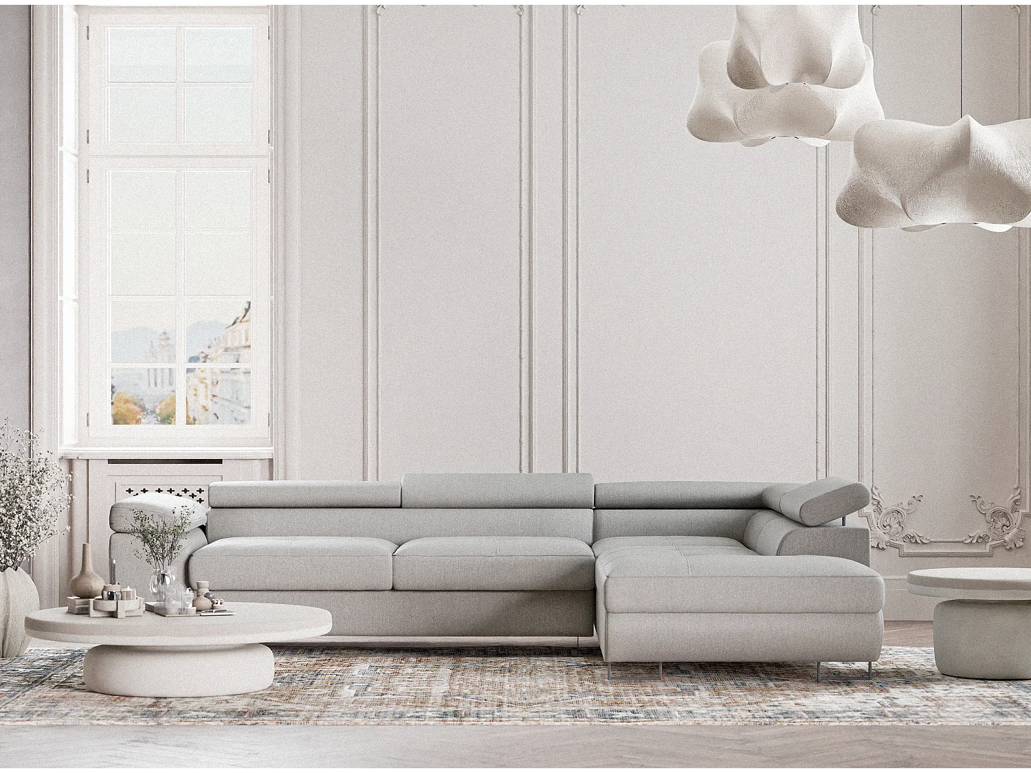 Canapé d'angle convertible Concord im tissu tresse - 5 places - gris clair