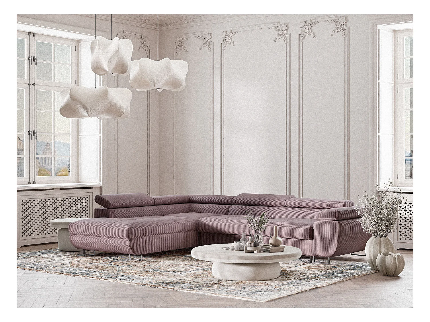 Canapé d'angle convertible Concord im tissu de velours - 5 places - violet