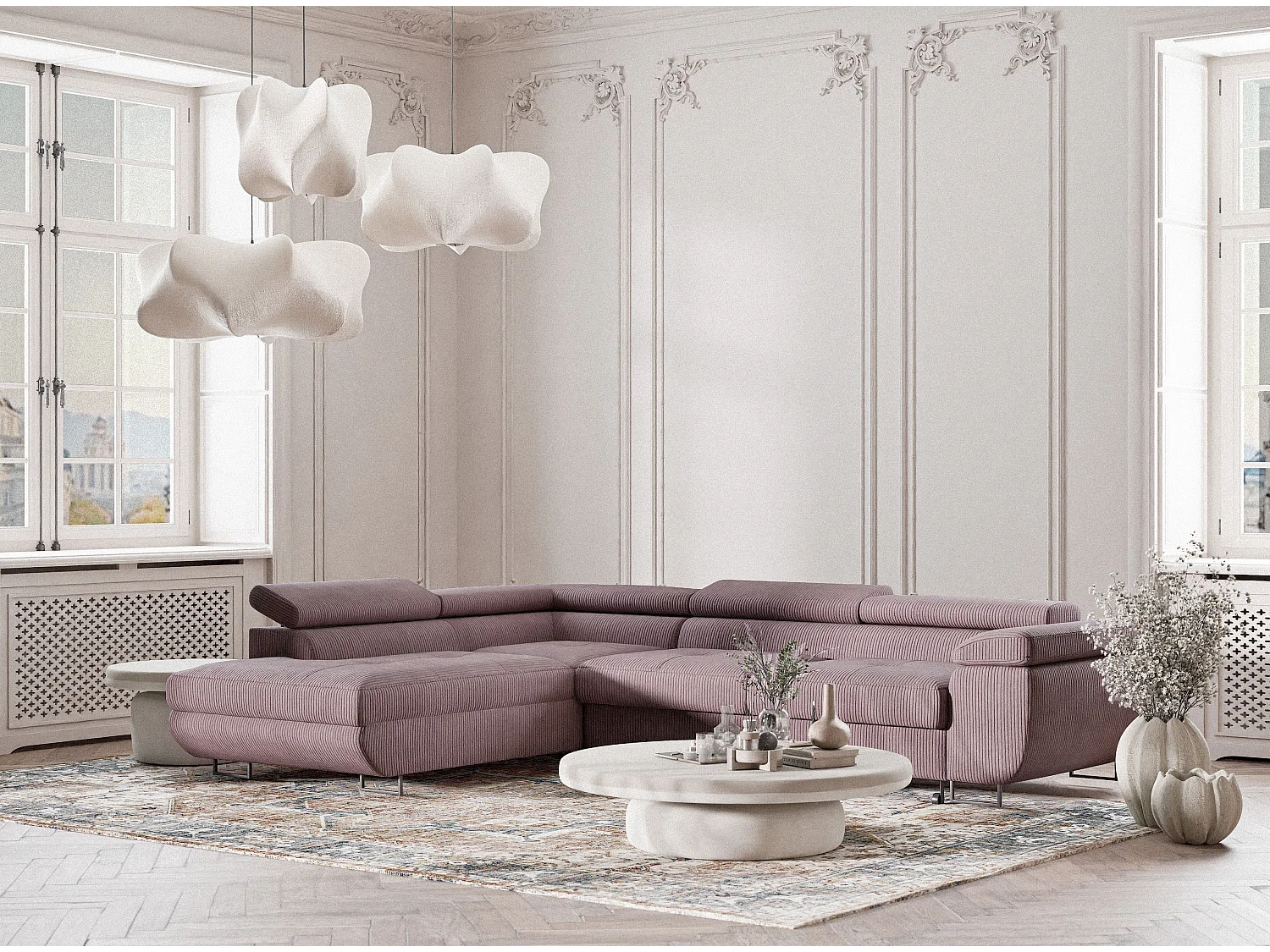 Canapé d'angle convertible Concord im tissu de velours - 5 places - violet