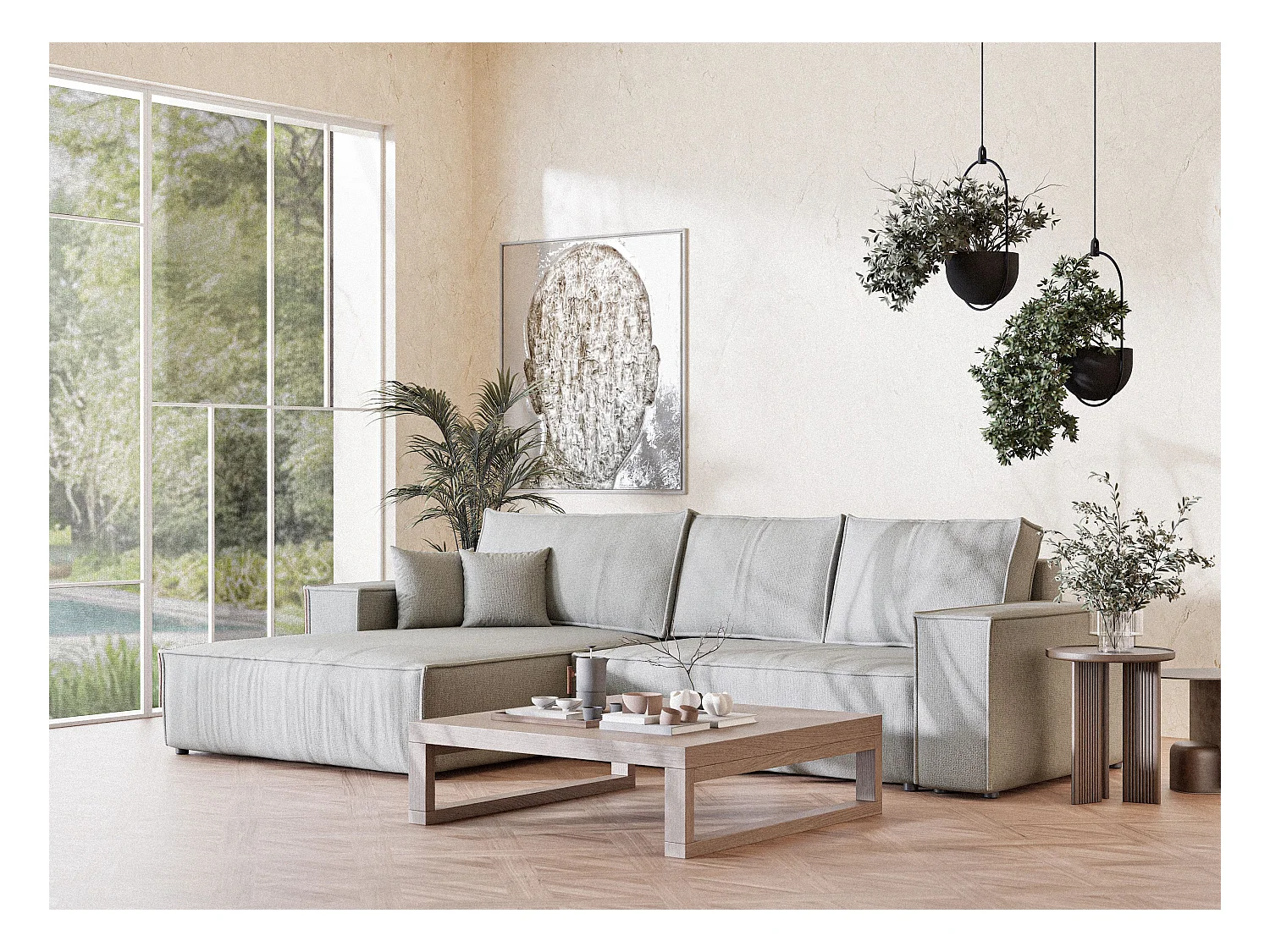 Canapé d'angle convertible Maze im tissu tresse - 5 places - gris clair