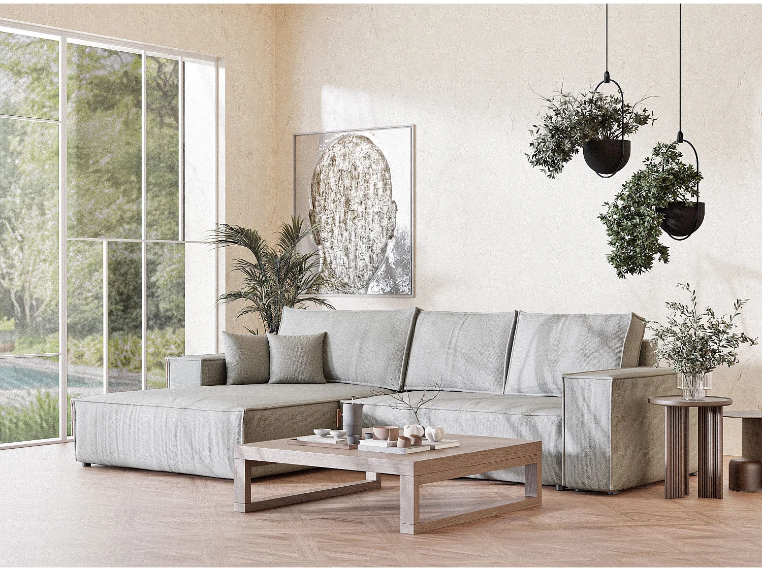 Canapé d'angle convertible Maze im tissu tresse - 5 places - gris clair