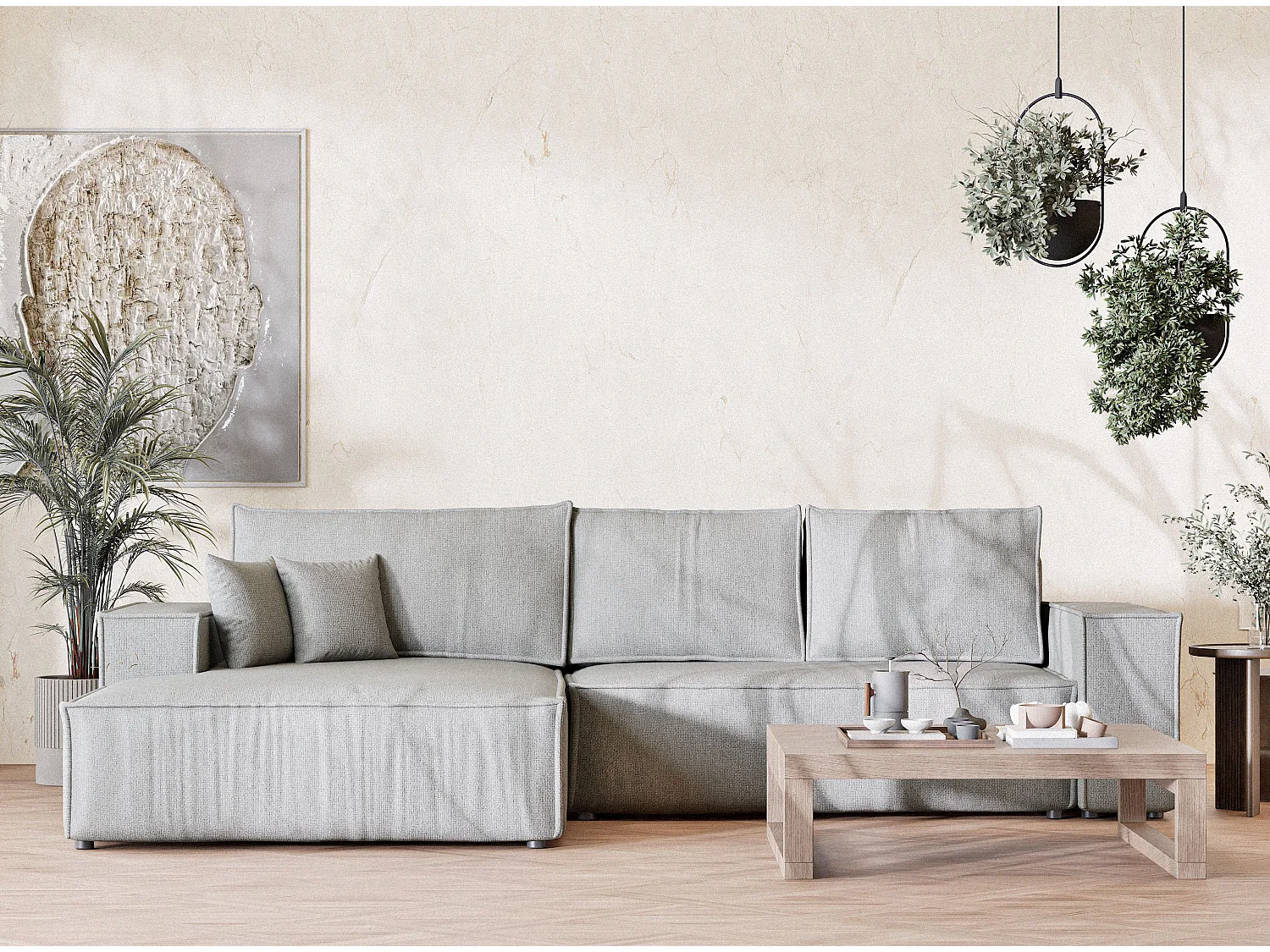 Canapé d'angle convertible Maze im tissu tresse - 5 places - gris clair