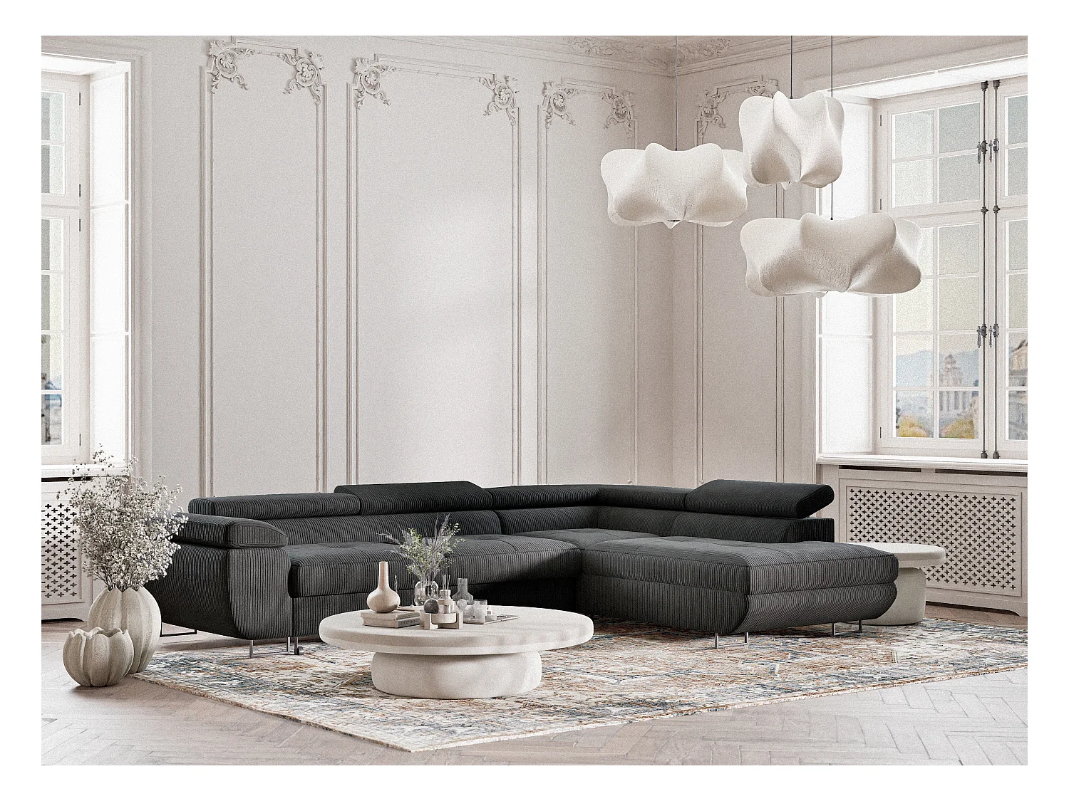 Canapé d'angle convertible Concord im tissu de velours - 5 places - anthracite