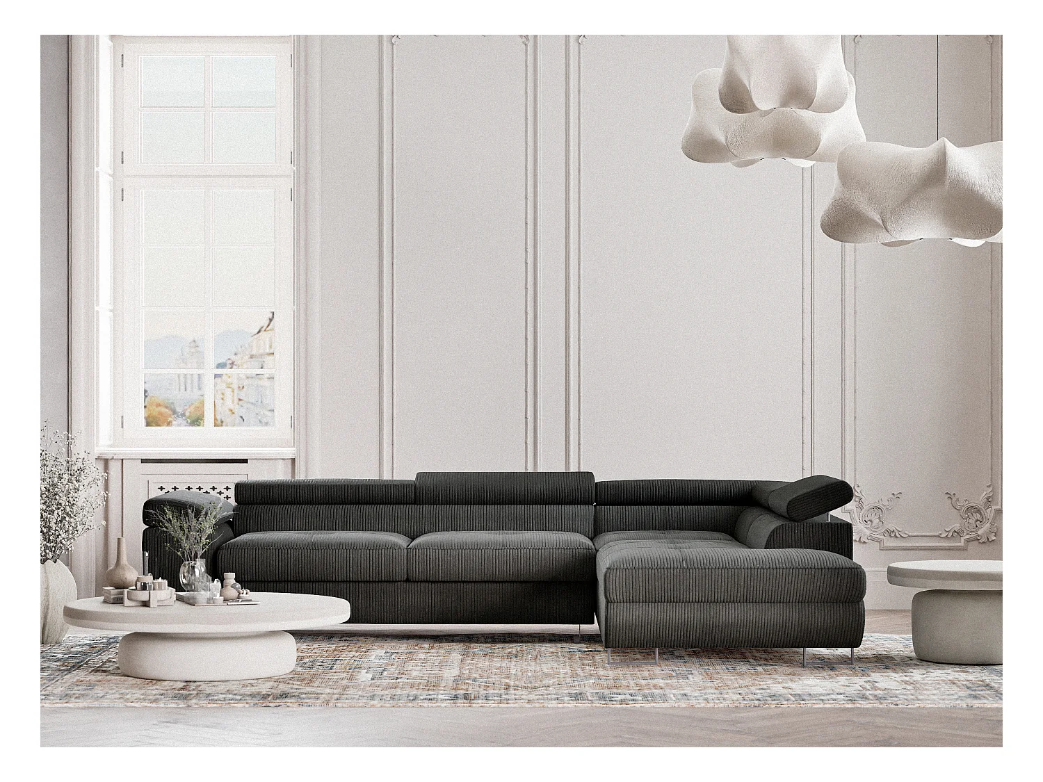 Canapé d'angle convertible Concord im tissu de velours - 5 places - anthracite