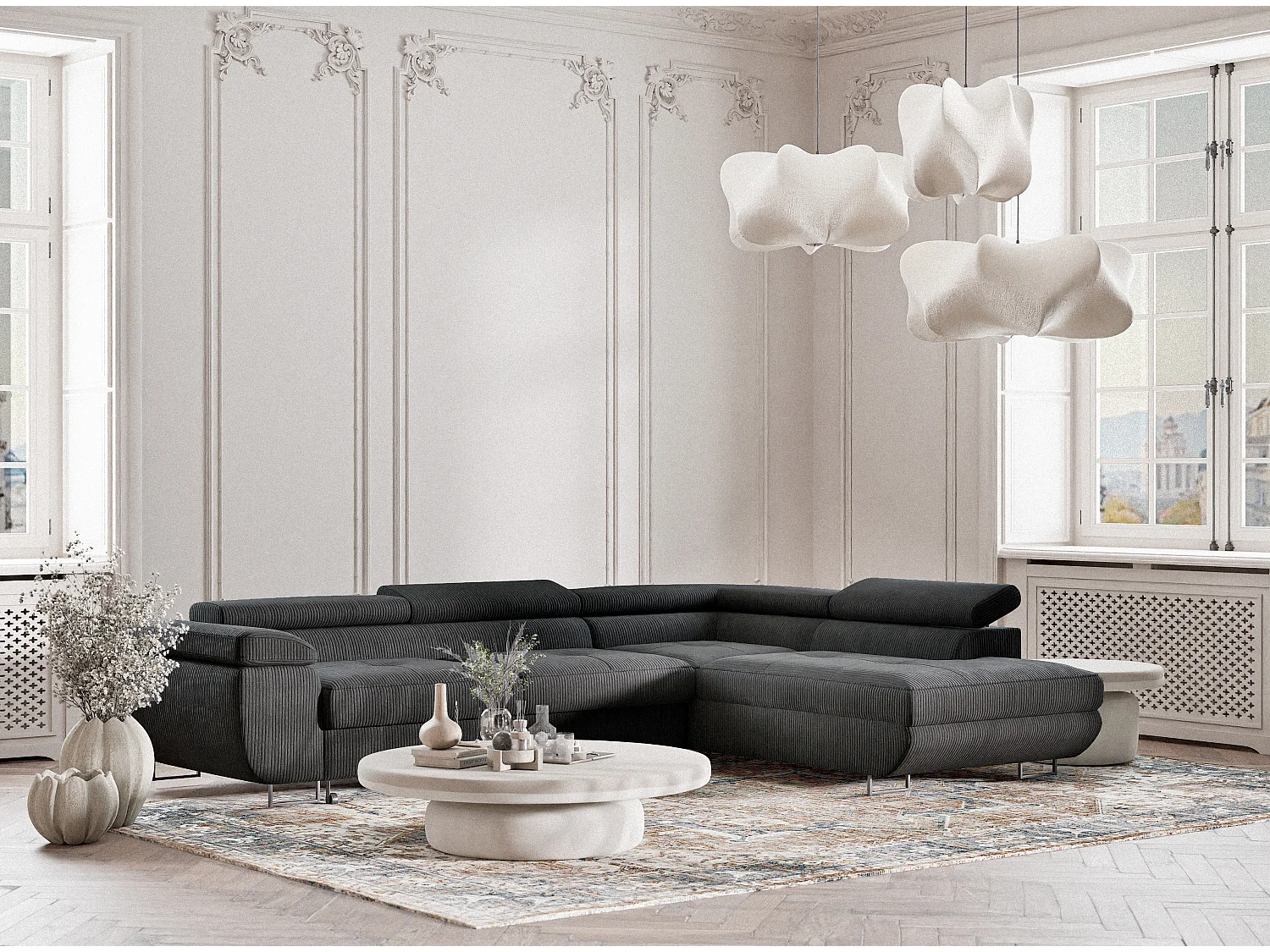 Canapé d'angle convertible Concord im tissu de velours - 5 places - anthracite