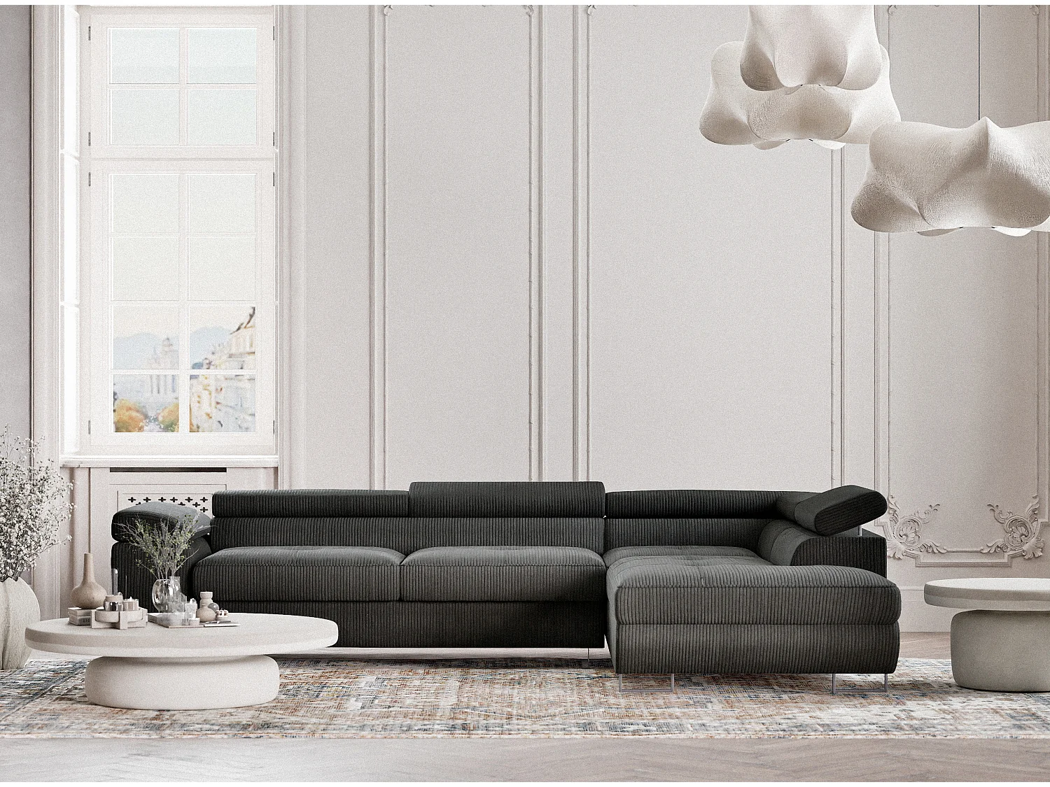 Canapé d'angle convertible Concord im tissu de velours - 5 places - anthracite