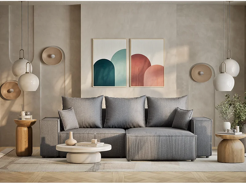 Ecksofa mit Schlaffunktion Moyo aus Webstoff - Drei-Personen - grau