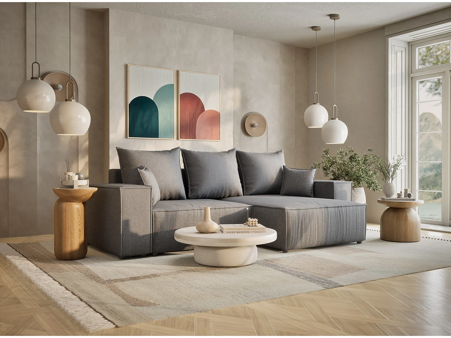 Canapé d'angle convertible Moyo im tissu tresse - 3 places - gris