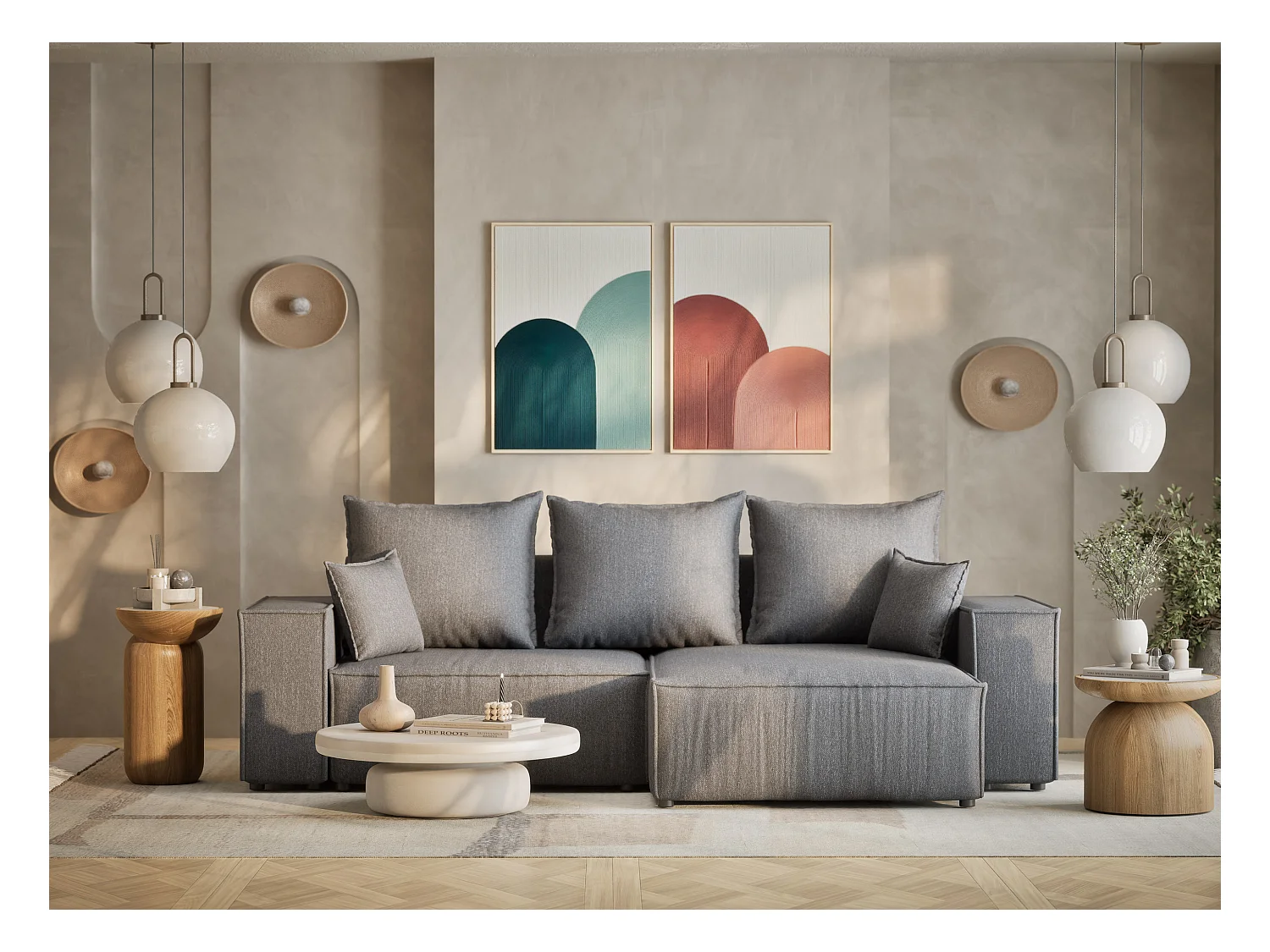 Ecksofa mit Schlaffunktion Moyo aus Webstoff - Drei-Personen - grau