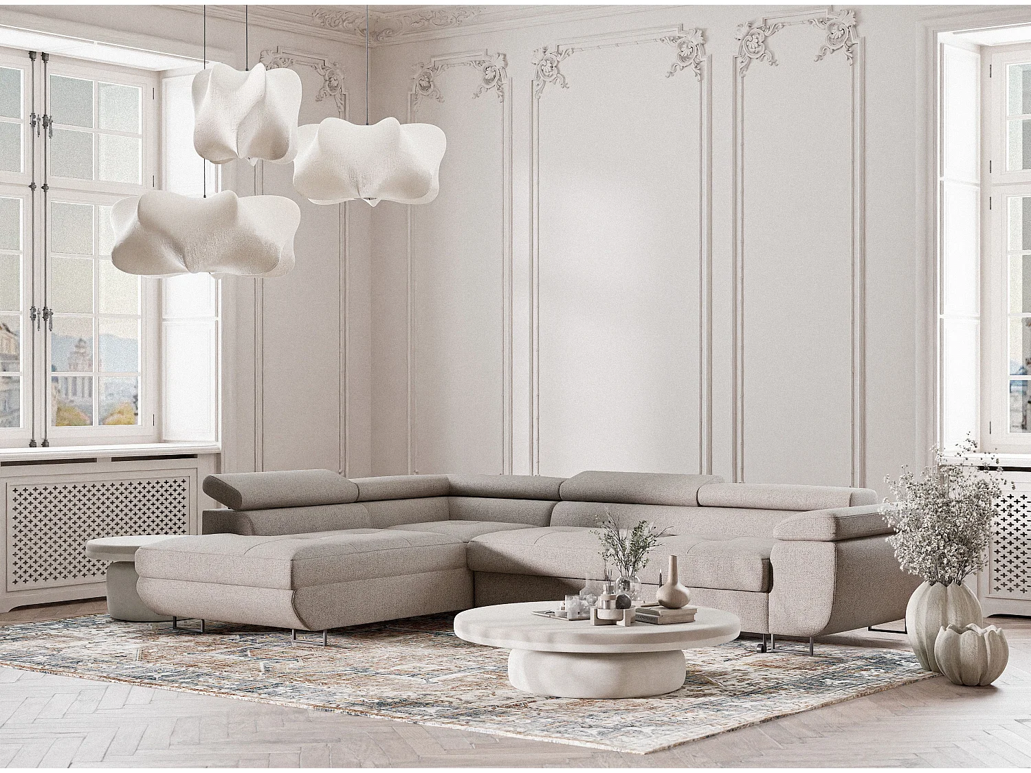 Canapé d'angle convertible Concord im tissu tresse - 5 places - beige