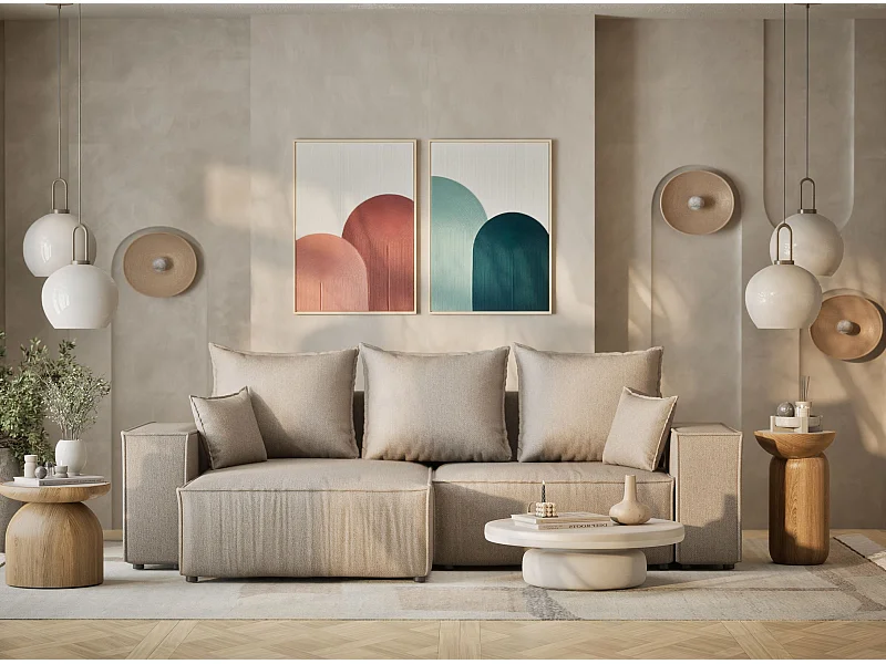 Ecksofa mit Schlaffunktion Moyo aus Webstoff - Drei-Personen - beige