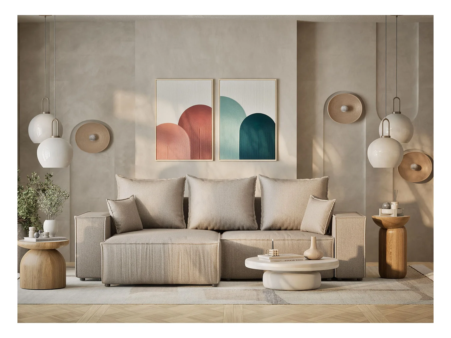 Ecksofa mit Schlaffunktion Moyo aus Webstoff - Drei-Personen - beige