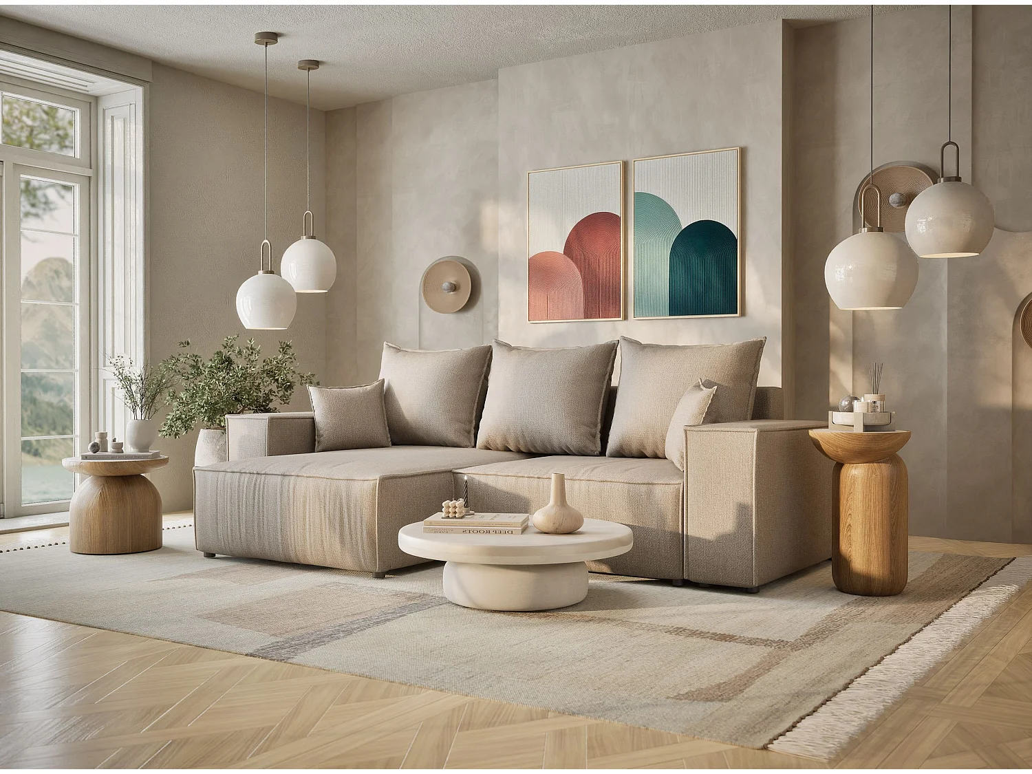 Canapé d'angle convertible Moyo im tissu tresse - 3 places - beige