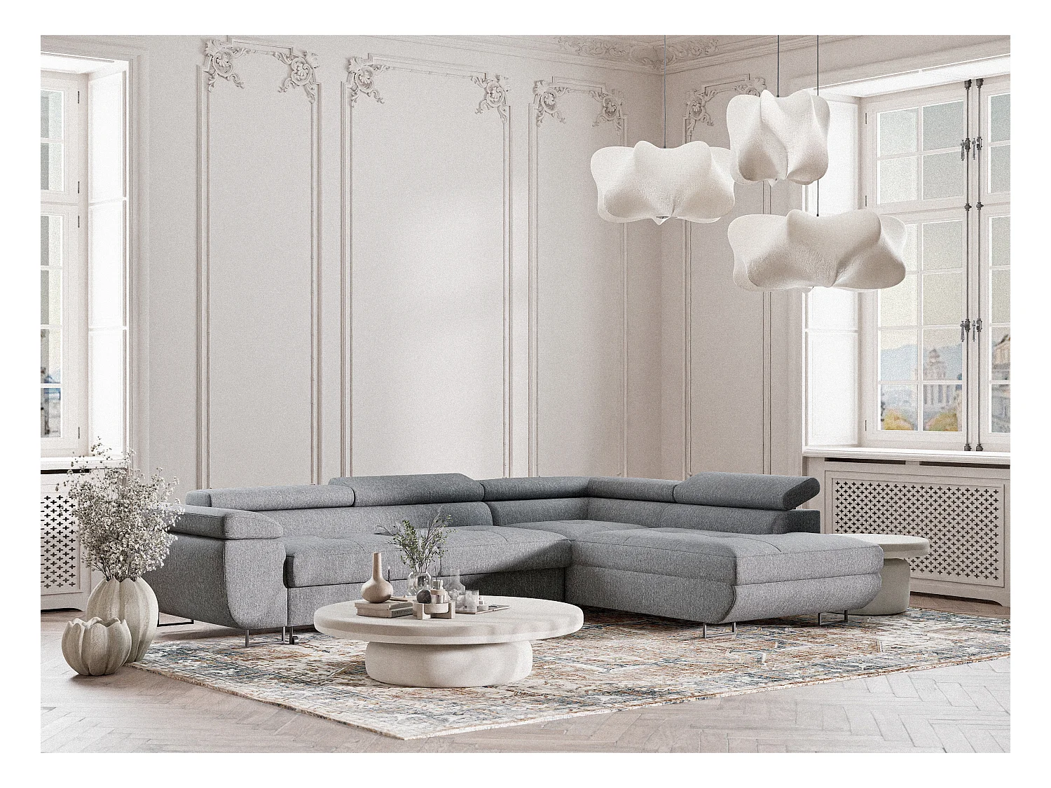 Canapé d'angle convertible Concord im tissu tresse - 5 places - gris