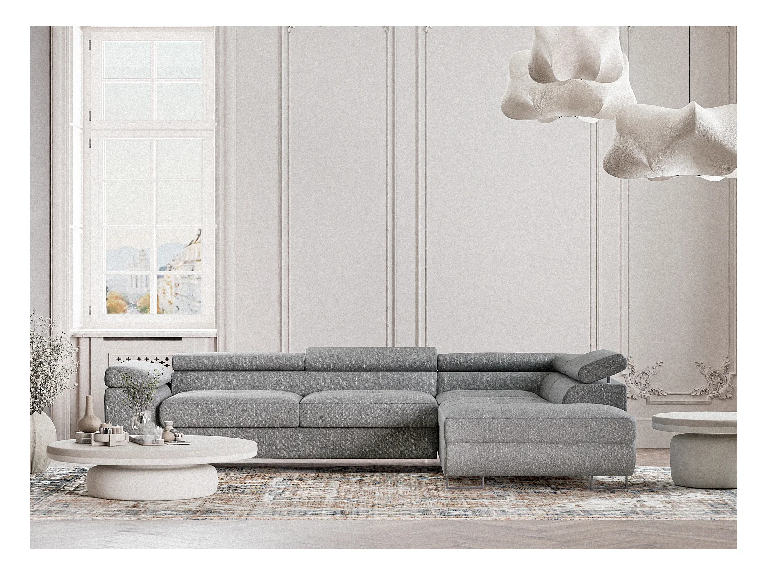 Canapé d'angle convertible Concord im tissu tresse - 5 places - gris