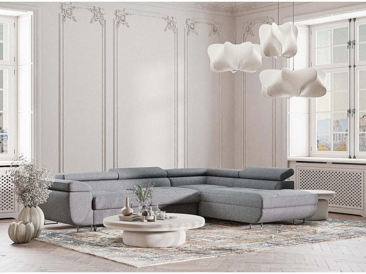 Canapé d'angle convertible Concord im tissu tresse - 5 places - gris