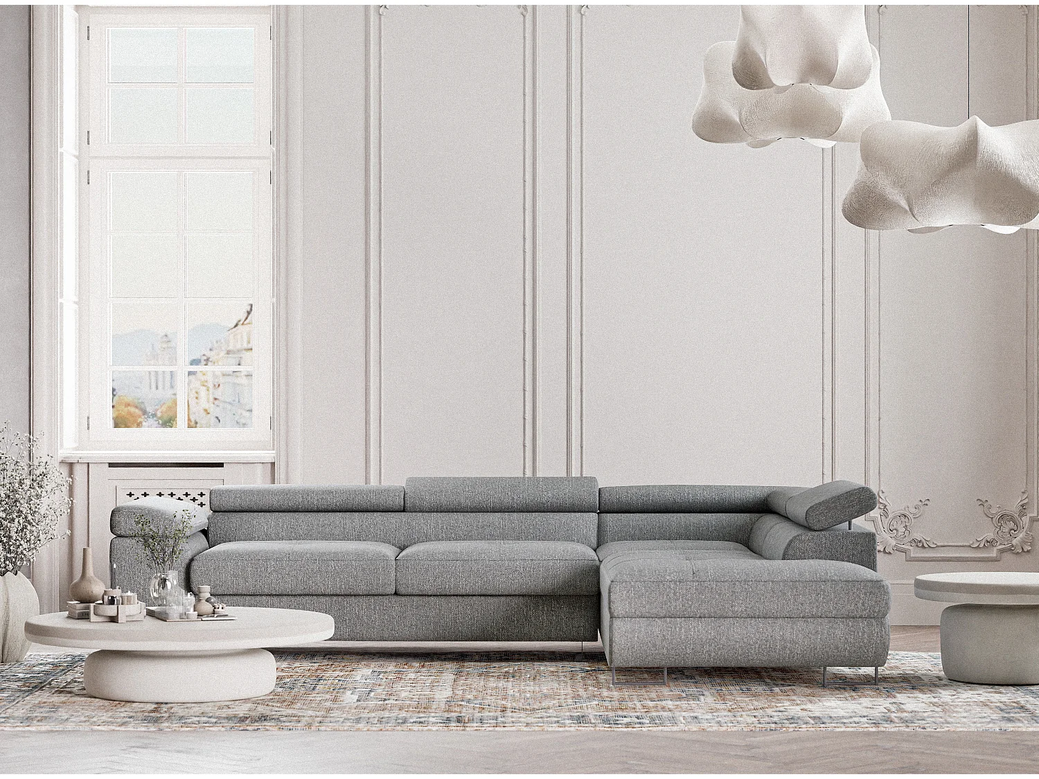 Canapé d'angle convertible Concord im tissu tresse - 5 places - gris