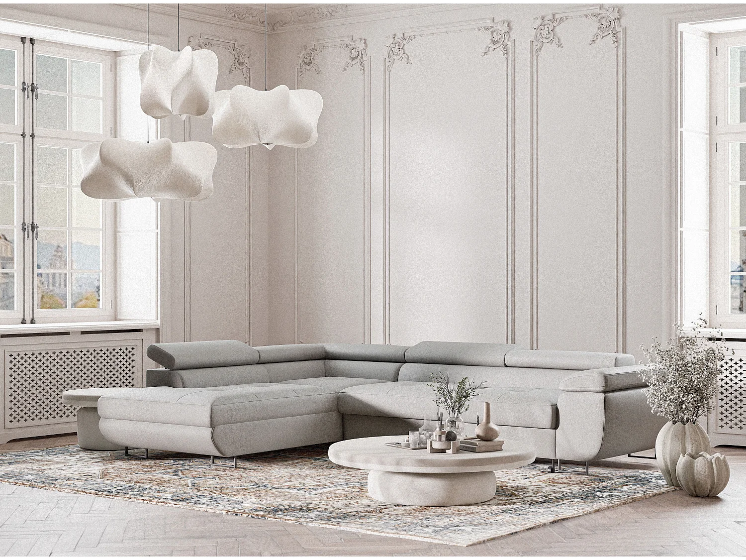 Canapé d'angle convertible Concord im tissu tresse - 5 places - gris clair