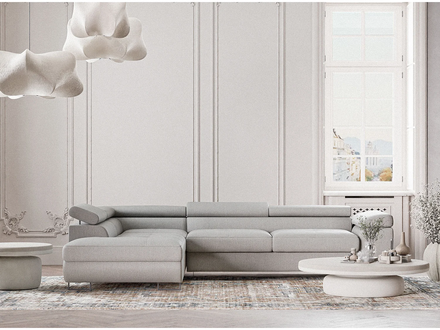 Canapé d'angle convertible Concord im tissu tresse - 5 places - gris clair